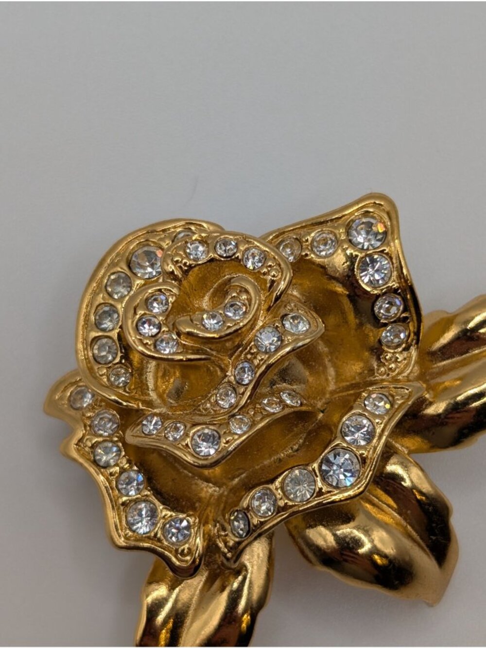 Vintage Signed Rose Brooch Avon Clear Rhinestones